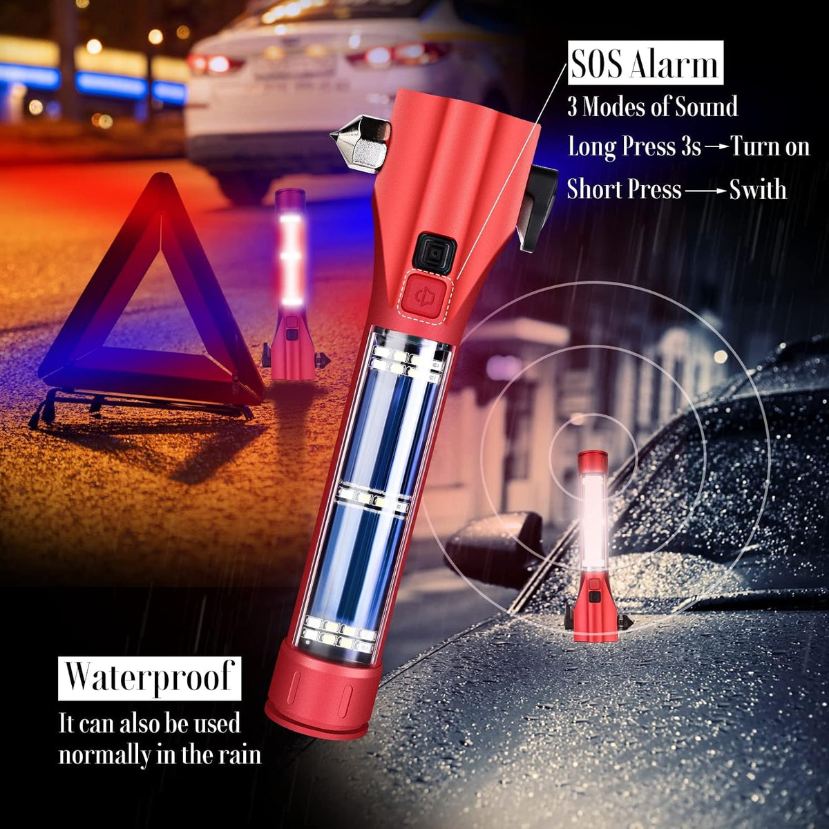 Car Flashlights for Emergencies, Window Breaker Seatbelt Cutter Multifunction Solar Flashlights, Waterproof LED Flashlight Rechargeable Solar Powered Emergency Flashlight for Outdoor
