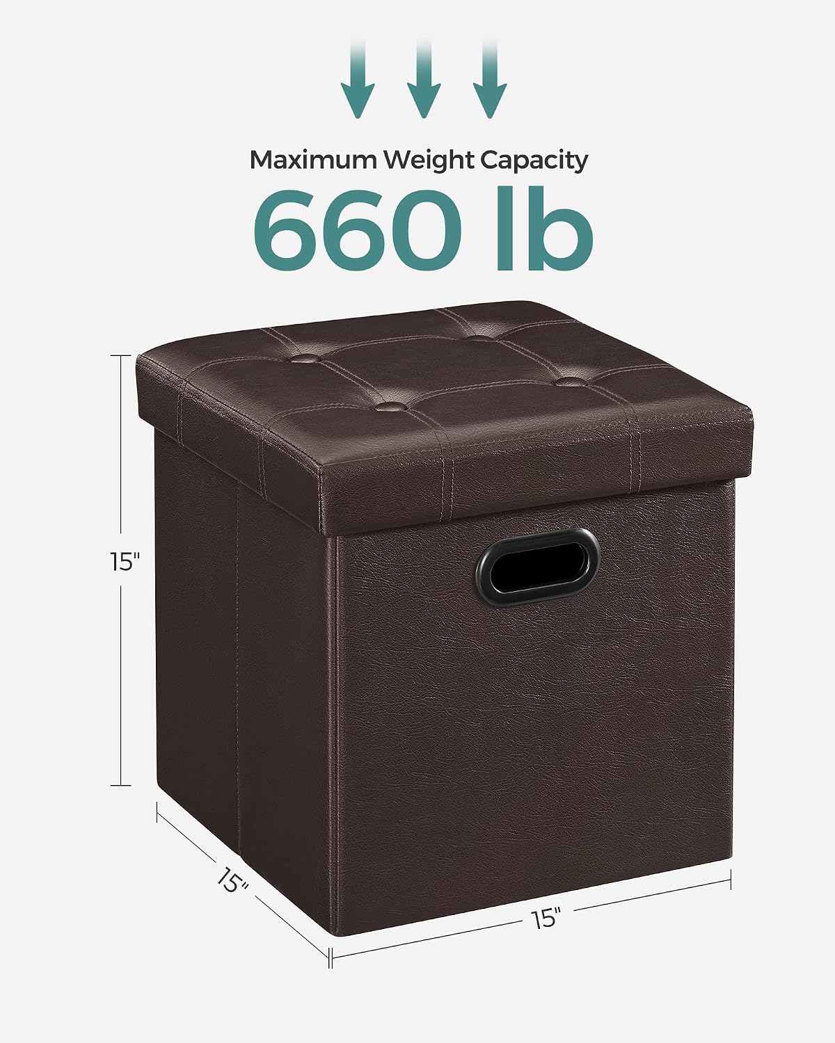 SONGMICS MAZIE Collection - 15 Inches Ottoman with Storage, Footstool, Storage Ottoman with Metal Grommet Handles, Load 660 lb, for Dorm, Living Room, Bedroom, Synthetic Leather, Brown ULSF30Z