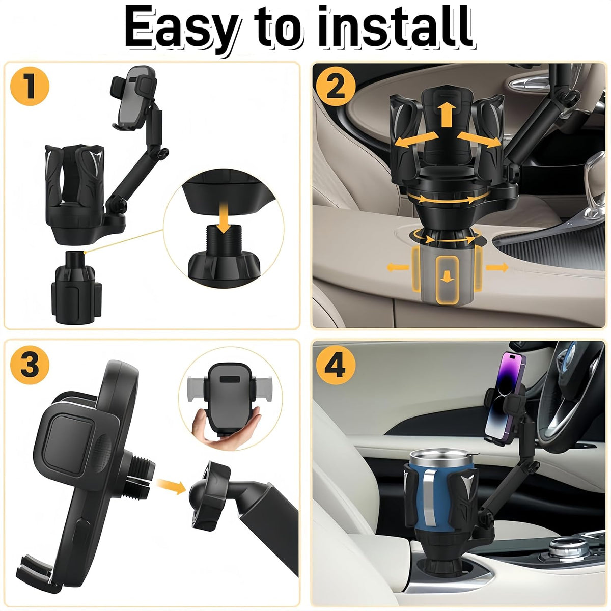 2-in-1 Car Cup Phone Holder for Your Car, Expander with Adjustable Base, 360 Rotation, Compatible for All Smartphones up to 4.13”, Universal Fit for Truck/SUV, Anti-Slip & No Shake Design -Black