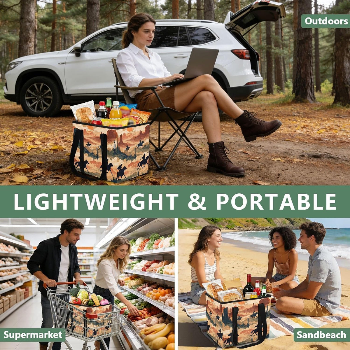 Trunk Organizer Collapsible Car Organizer with Handle Car Storage Box Bin for Groceries SUV Utility Tote Bag Portable Vehicle Container Beige Cowboy Gallop Western