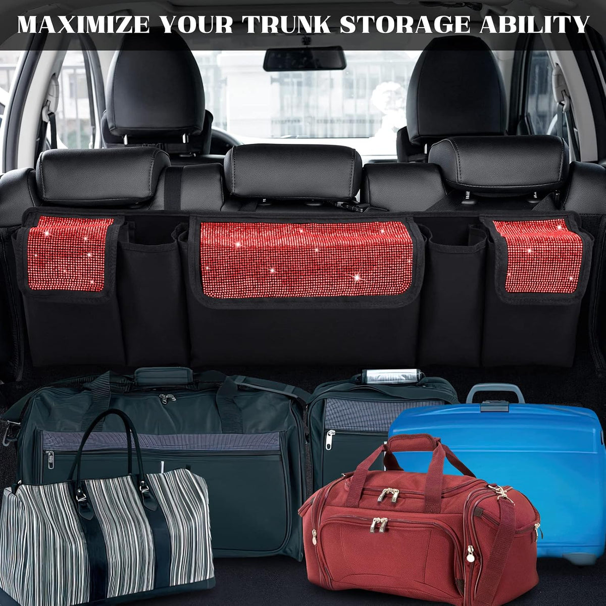 eing Car Trunk Organizer and Storage, Backseat Hanging Organizer for SUV, Truck, MPV, Waterproof, Collapsible Cargo Storage Bag with 5 Pockets, Bling Car Interior Accessories for Women,Red