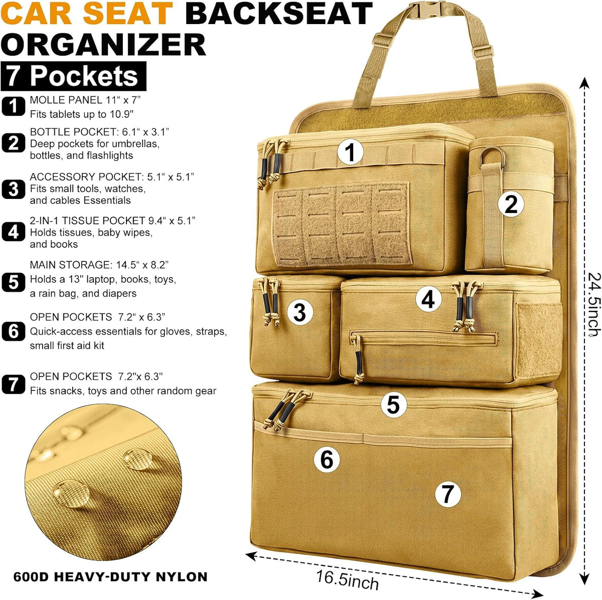 Universal Car Seat Back Organizer with 7 Storage Pockets, Khaki