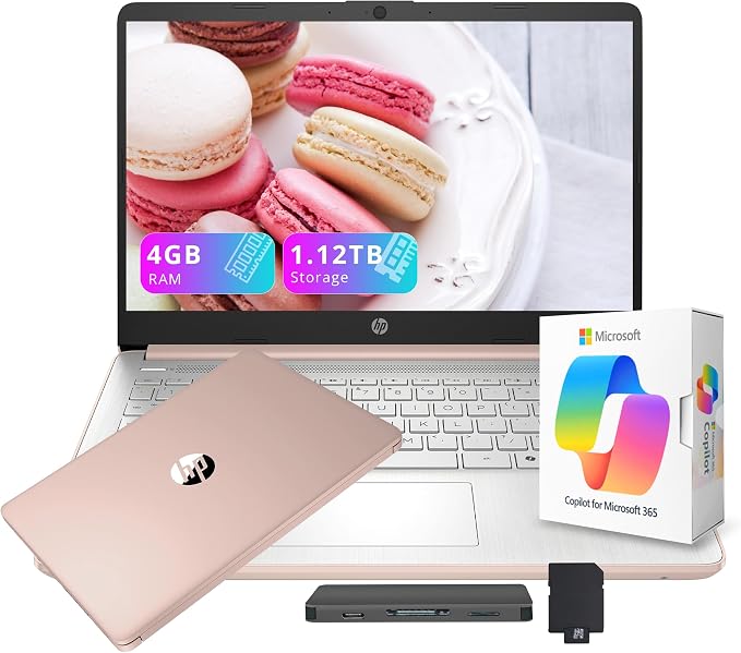 HP Stream 14" HD Laptop with AI Copilot for Student & Business, Intel Processor N150, 4GB RAM, 1.12TB Storage (128GB UFS + 1TB Docking Station), 1 Year Office 365, Wi-Fi 6, Win 11, Pale Rose Gold