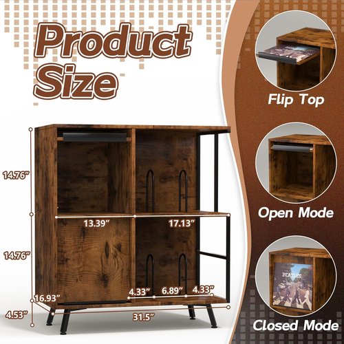 Faesun Vinyl Record Storage Stand - 3 Tier Flip Top Cabinet Holds 300+ Albums | Rustic Brown Turntable Display