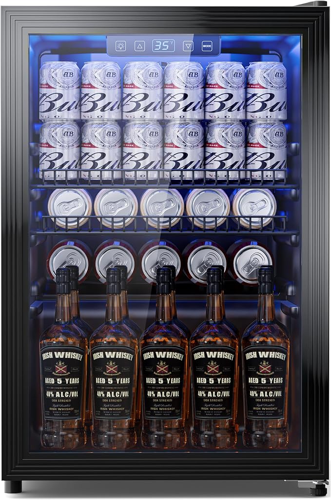 Tehanld 2.5 Cu.Ft Beverage Fridge, Glass Door Mini Fridge, Black, 96 Can | Adjustable Shelves for Wine & Beer, Digital Temp, Holds Up to 96 Cans, Freestanding for Home & Office