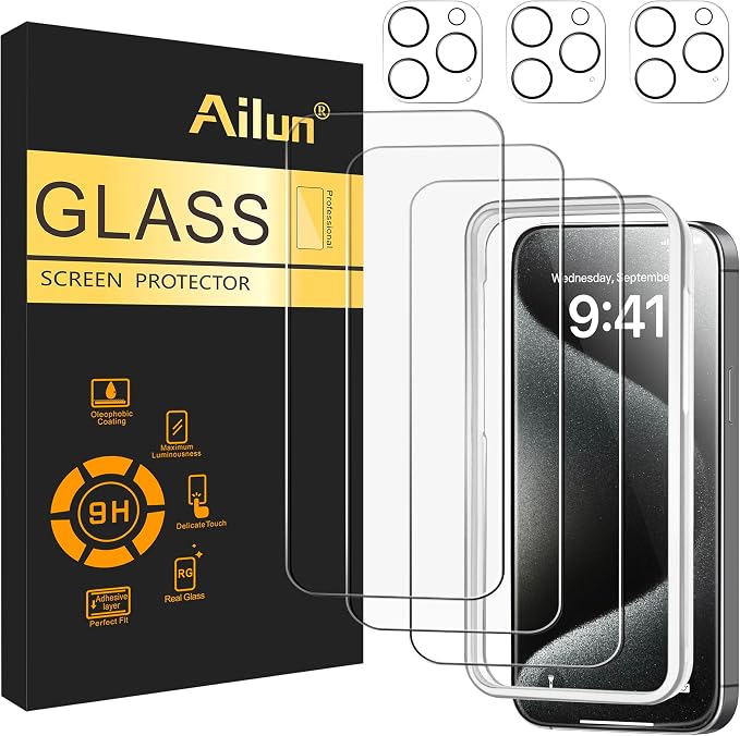 Ailun 3 Pack Screen Protector for iPhone 15 Pro Max + 3 Pack Camera Lens