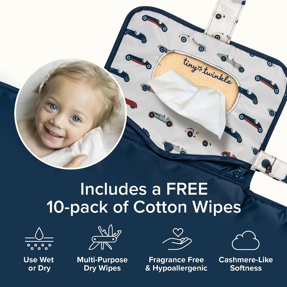 Tiny Twinkle Portable Diaper Changing Pad | Waterproof, Wipeable & Compact Baby Changing Pad for Travel | Smart Wipes Pocket & Organized Storage| Newborn Shower Gift (Vintage Cars)