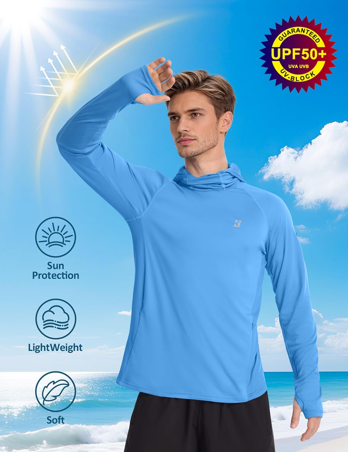 Roadbox UPF 50+ Sun Protection Hoodie - Lightweight Long Sleeve Fishing Shirt with Mask for Hiking & Running