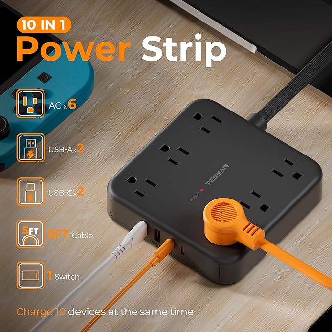 TESSAN 5Ft Black Extension Cord with Multiple Outlets, Surge Protector Power Strip with 6 Outlets and 4 USB Ports (2 USB C), 2100 Joules Protection, Flat Plug, Outlet Extender for Home, Office, Dorm