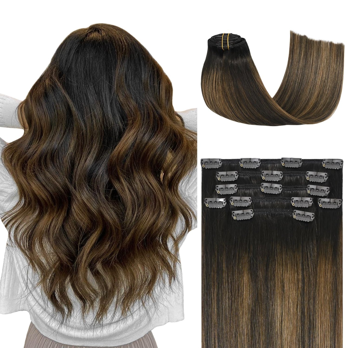Honsoo Clip In Hair Extensions Real Human Hair, Dark Brown To Chestnut Brown 20Inch 70G 7Pcs Straight Silky Brown Real Human Bal