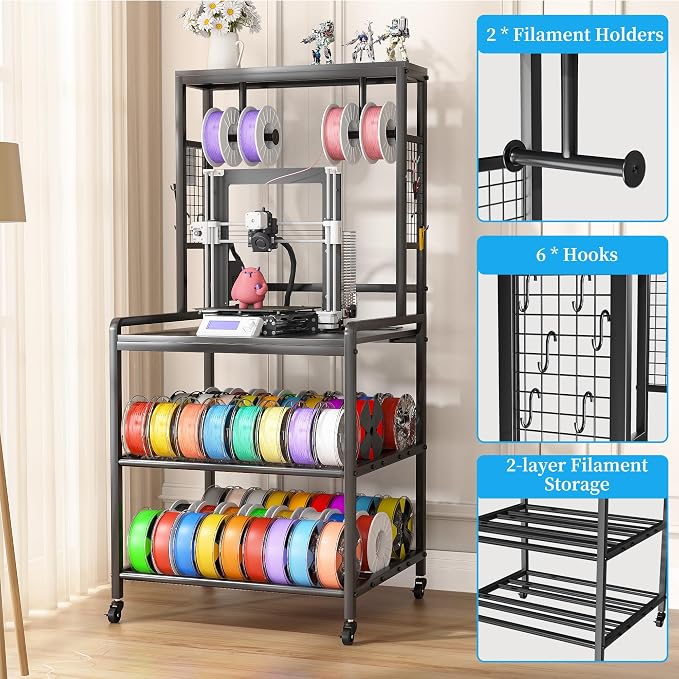 Kepproty 3D Printer Stand with Power Outlet, Rolling Storage Cart w/Filament