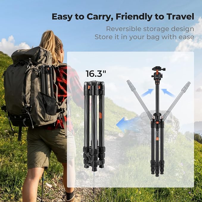 K&F CONCEPT 64" Carbon Fiber Camera Tripod, Lightweight Travel Tripod