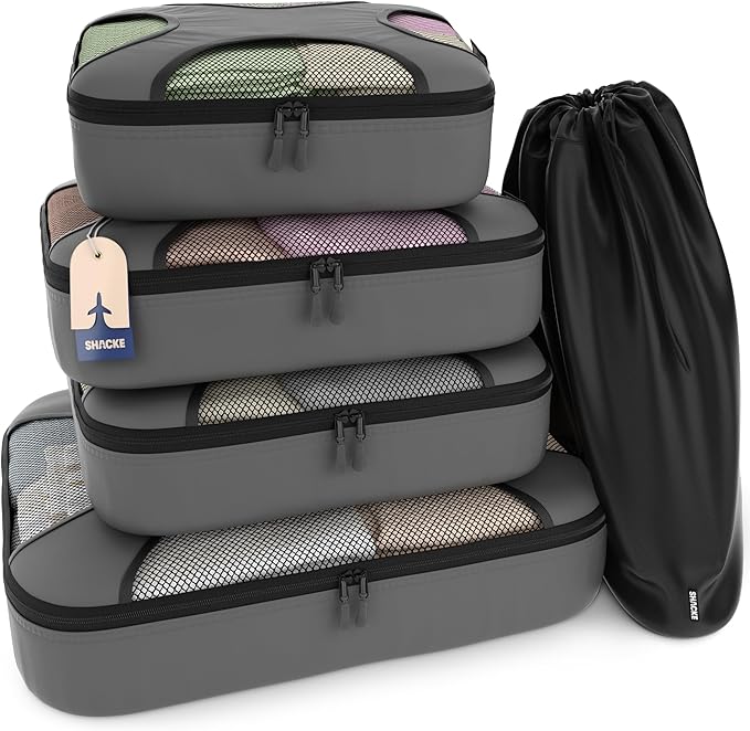 Shacke Premium 5 Packing Cubes Set - Lightweight Mesh Travel Luggage Organizers with Laundry Bag, 5-Piece Suitcase Storage System (Dark Grey)
