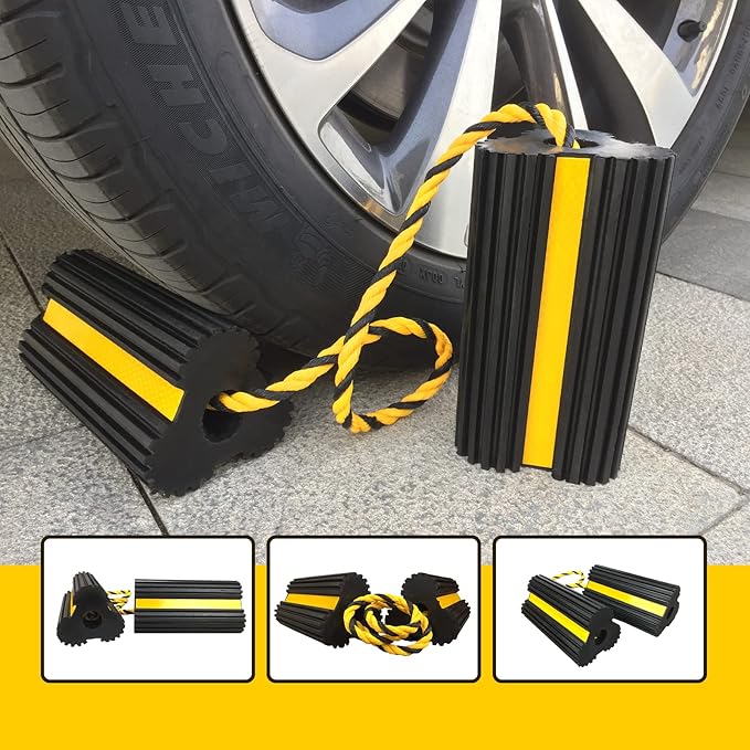 HOXWELL 2 Pair Rubber Heavy Duty Dual Wheel Chocks Front and Back, RV Leveling Blocks Non Slip Base with Nylon Rope Yellow Reflective Tape for Travel Trailers, Car, Camper, Truck (4 Pack)