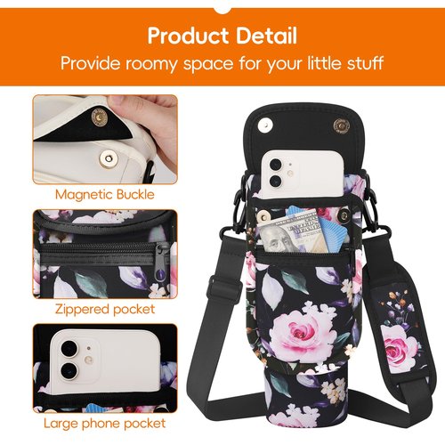 AceTreker 30 40 oz Water Bottle Sling Holder for Stanley Tumbler with Handle, Neoprene Vacuum Coffee Mug Carrier Pouch with Paracord Handle, 2 Pockets, Straw Cover for Car Gym Walking-Black Rose