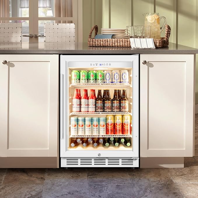 24" Beverage Refrigerator Glass Door Reversible White | Built-in/free, fast cool, <38dB, temp memory, glass+lock, 37-65°F, 190 can