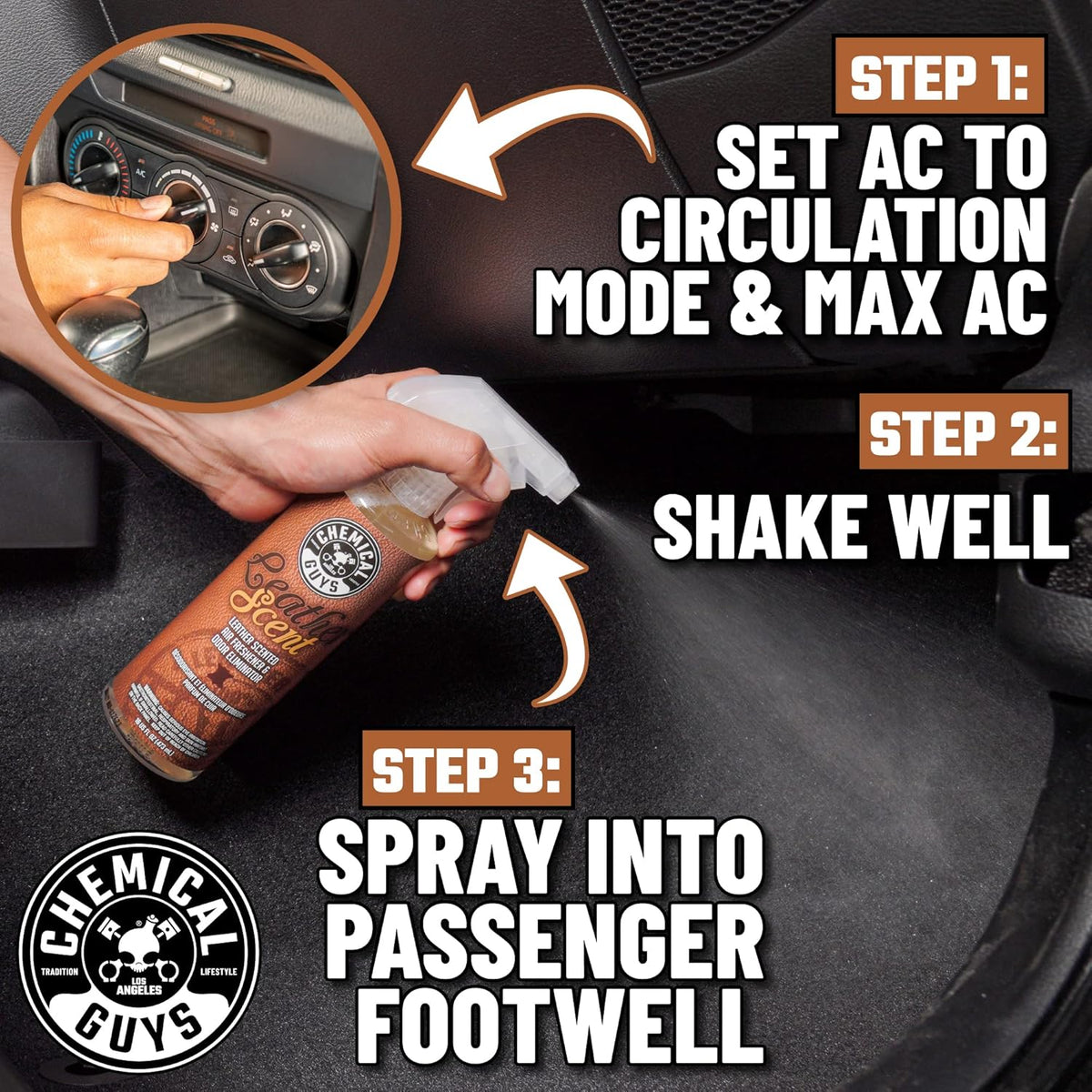 Chemical Guys, Leather Scent Air Freshener & Odor Neutralizer Spray, 16 oz | Rich leather scent refreshes interiors while neutralizing odors, adjustable spray for cars, trucks and SUVs