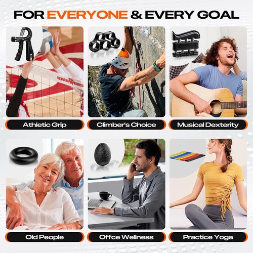 Grip Strength Trainer Kit - 10-Pack Adjustable Hand Gripper & Forearm Strengthener with Finger Stretcher, Stress Ball & Bands