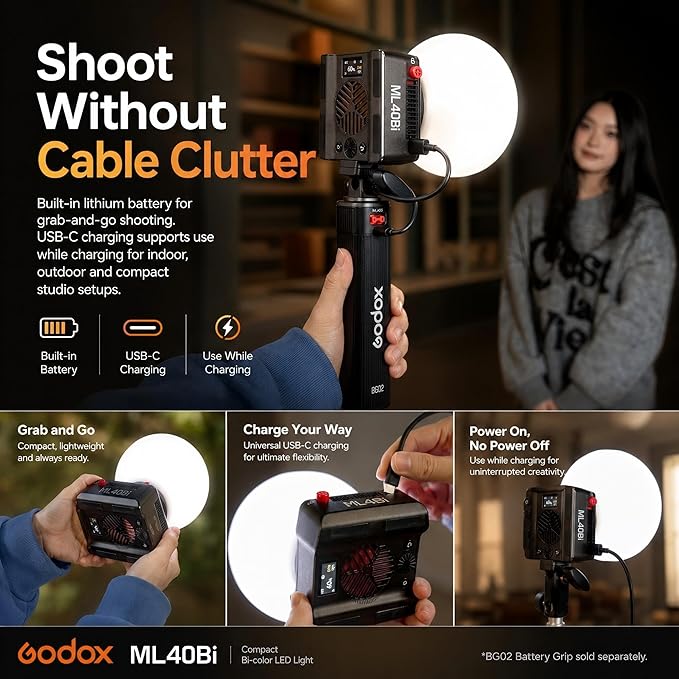 Godox ML40Bi Bi-Color LED Video Light, Portable COB Photography Light