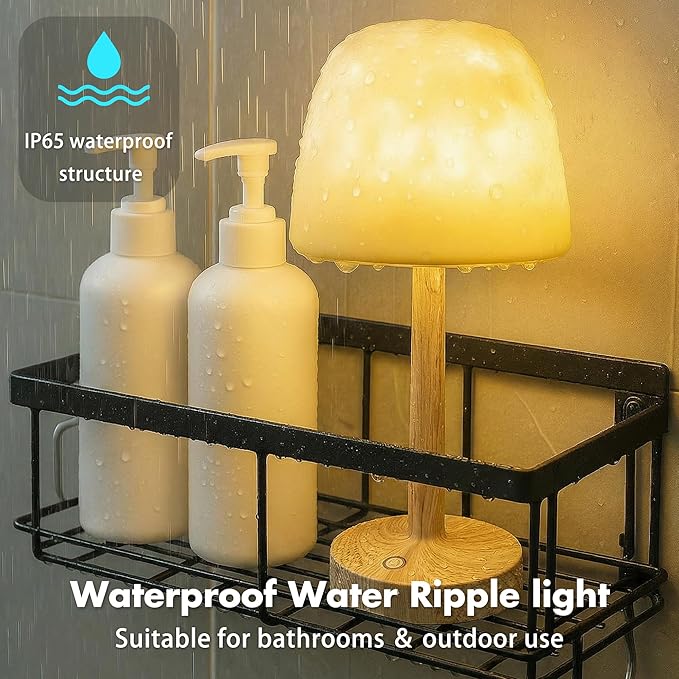 Waterproof Shower Lamp for Inside Shower, Rechargeable Bathroom Lamp with Remote & Touch Control, Cordless Shower Light with 16 Color Changeable, LED Ocean Wave Projector Light for Bedroom, Wood Grain