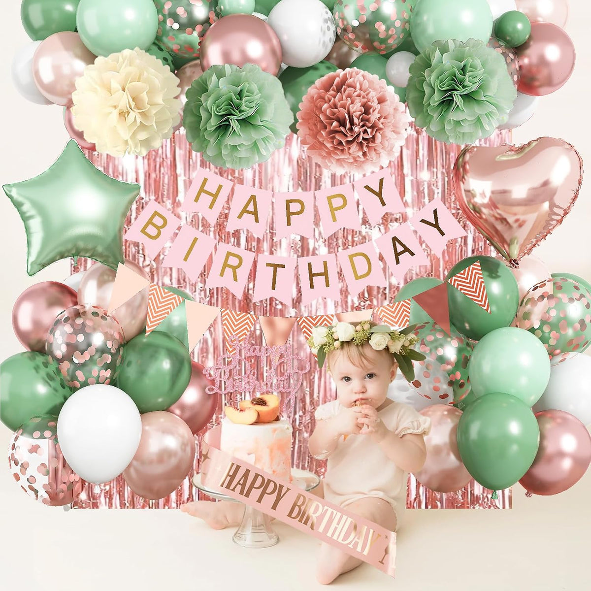 Regine Switzerland Birthday Decorations - Retro Rose Gold & Sage Green Party Décor Set | Balloons, Banners & More
