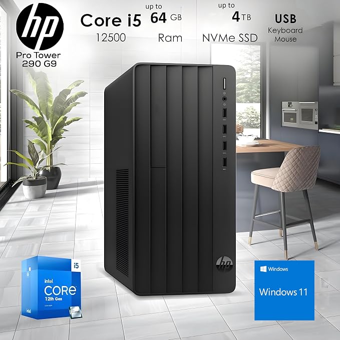 HP Pro Tower Desktop for Business & Home, Intel i5-12500 Processor, 32GB RAM, 1TB SSD, Intel UHD Graphics 770, Wi-Fi 6, Bluetooth 5.3, Windows 11 Home
