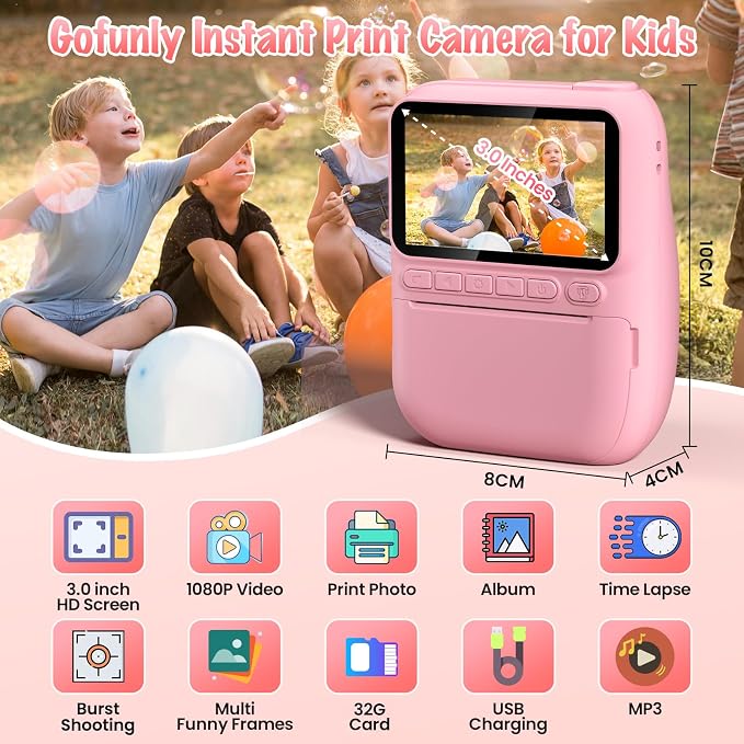 Instant Print Camera for Kids, 3.0" HD 32MP Kids Camera 1080P