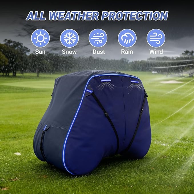 Golf Cart Cover Suitable 2+2/4 Passenger for Yamaha/EZGO Club Cart Heavy Duty 420D Waterproof Windproof Golf Cart Cover All-Weather Protection with Zipper Door Blue/Gray