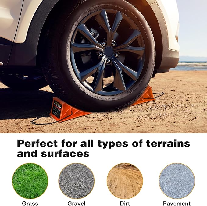Wheel Chocks, 4 PACK Heavy Duty Wheel Chocks for Car with Rope for Easy Removal, Durable, Non-Slip, Hard Plastic Tire Stopper Blocks for RV, Camper, Trailer, Effective in Keeping Your Vehicle in Place