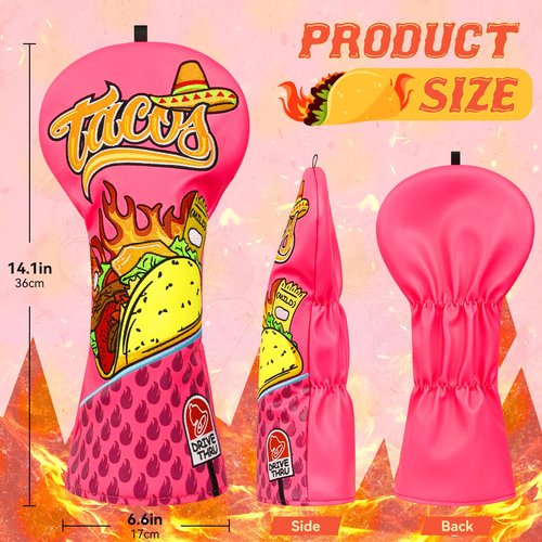LZFAN Golf Club Head Covers Driver Fairway Hybrid Golf Club Headcover Wood Leather Protector Heavy Embroidered Pink Taco Driver
