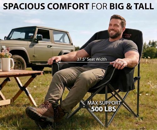 Fair Wind Oversized Padded Camping Chair - Heavy Duty Quad Fold Arm Chair, Supports 500LBS, Black | 2 Pack
