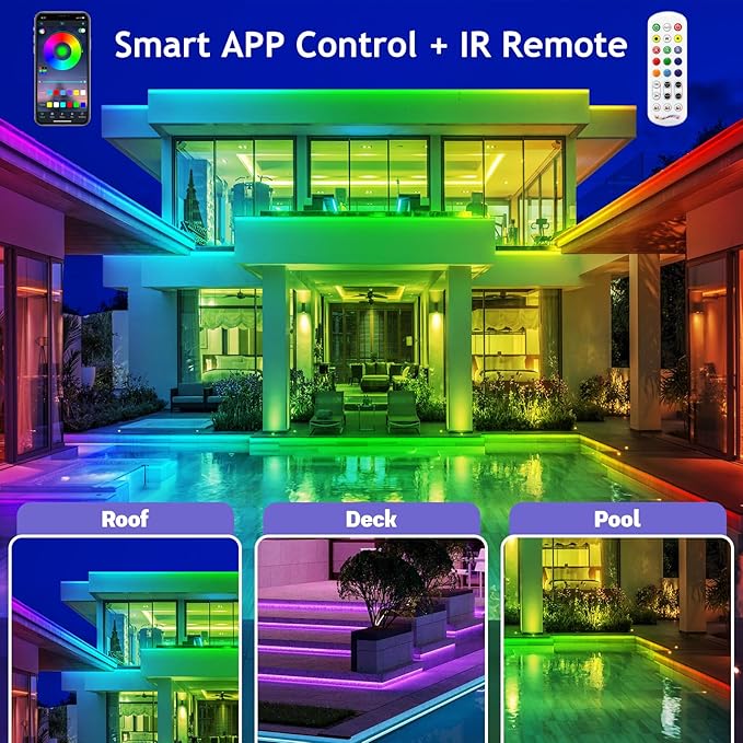 LETIANPAI 200ft Outdoor LED Strip Lights Waterproof 1 Roll,IP68 Outside Led Light Strips with App and Remote,Music Sync RGB Exterior Rope Self Adhesive Back for Deck,Balcony,Pool