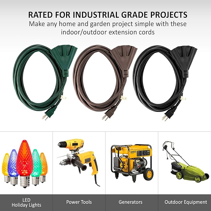 Holiday Lighting Outlet 50-Foot Green Extension Cord, 3-Prong Indoor & Outdoor Splitter, Perfect for Landscape Lighting