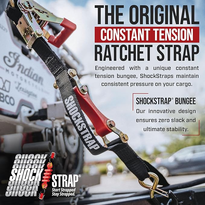 SHOCKSTRAP Ratchet Strap, 7’ x 1.5" Shock Absorbing Heavy Duty Tie Downs for Cargo, 1,000 LB WLL / 3,000 LB Break Strength, 2-Pack