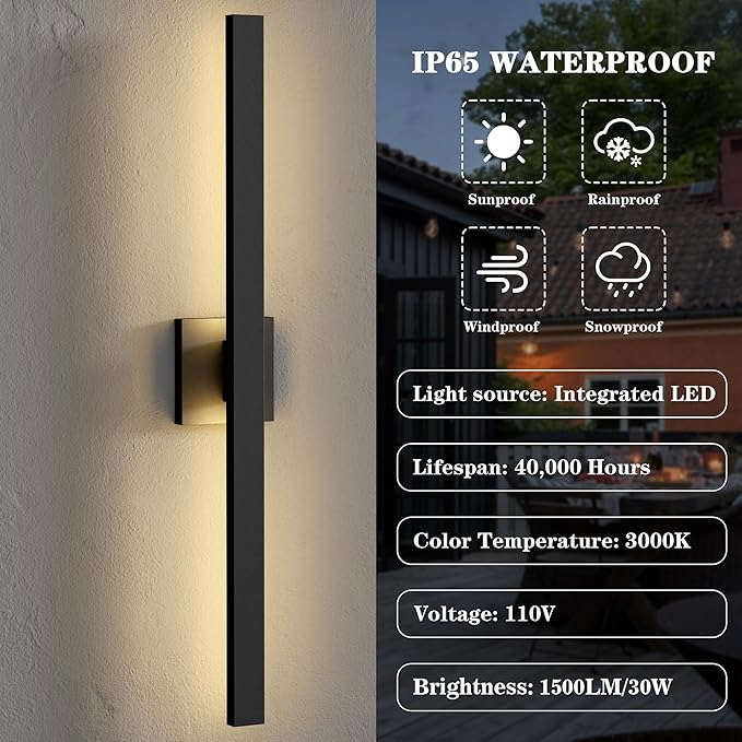 LamQee 31.5 Inch Aluminum Long Outdoor Modern LED Wall Light 3000K 1500LM, Slim Linear Exterior Lighting Fixtures Wall Mount, Waterproof Black Outside Sconce for House Porch Patio Garage Door Yard