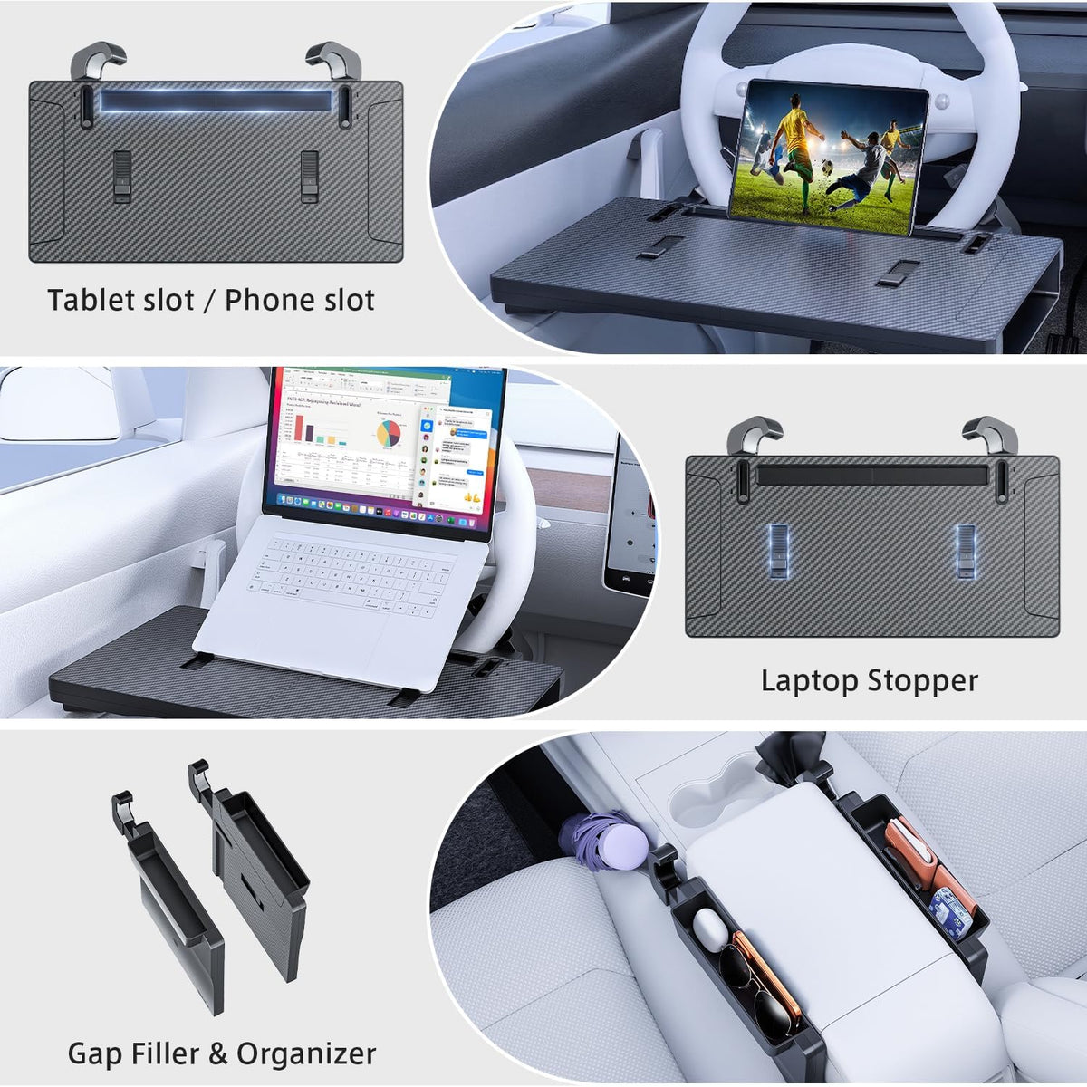 3 in 1 Car Steering Wheel Desk Tray &amp; Car Seat Gap Filler &amp; Organizer, Foldable Carbon Fiber Look Adjustable Car Tray, for Laptops, Eating Food, Writing, Entertainment