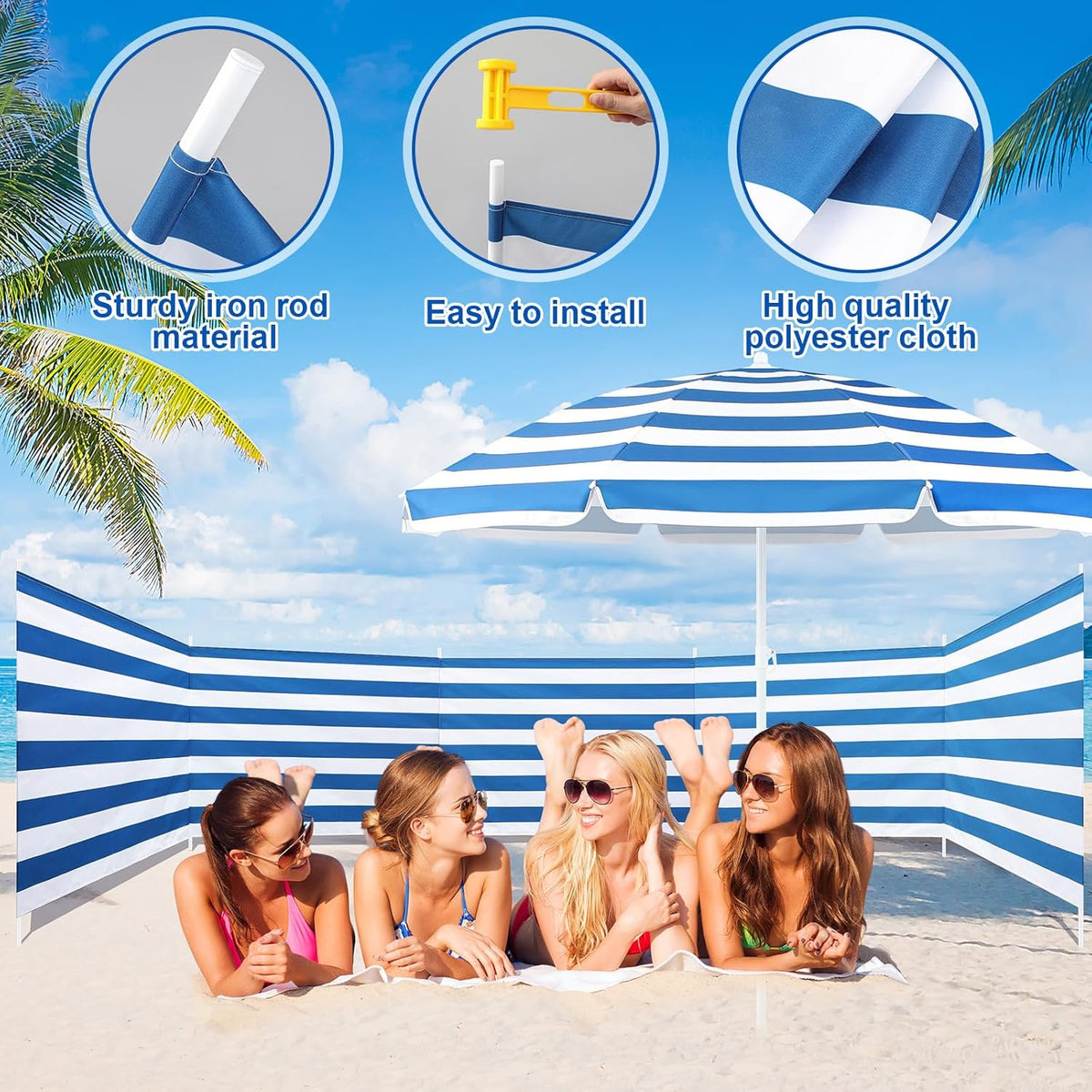 Sliner 20ft Long Beach Wind Screen - Portable UV 50+ Umbrella Privacy Blocker | Blue & White