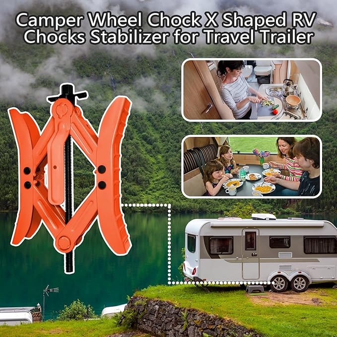 RV Wheel Chock Stabilizers,Camper Heavy Duty Tire Chock Stabilizers,Travel Trailers Wheel Chock Scissor 2 Sets with Ratchet,hex Socket,Gloves (RED)