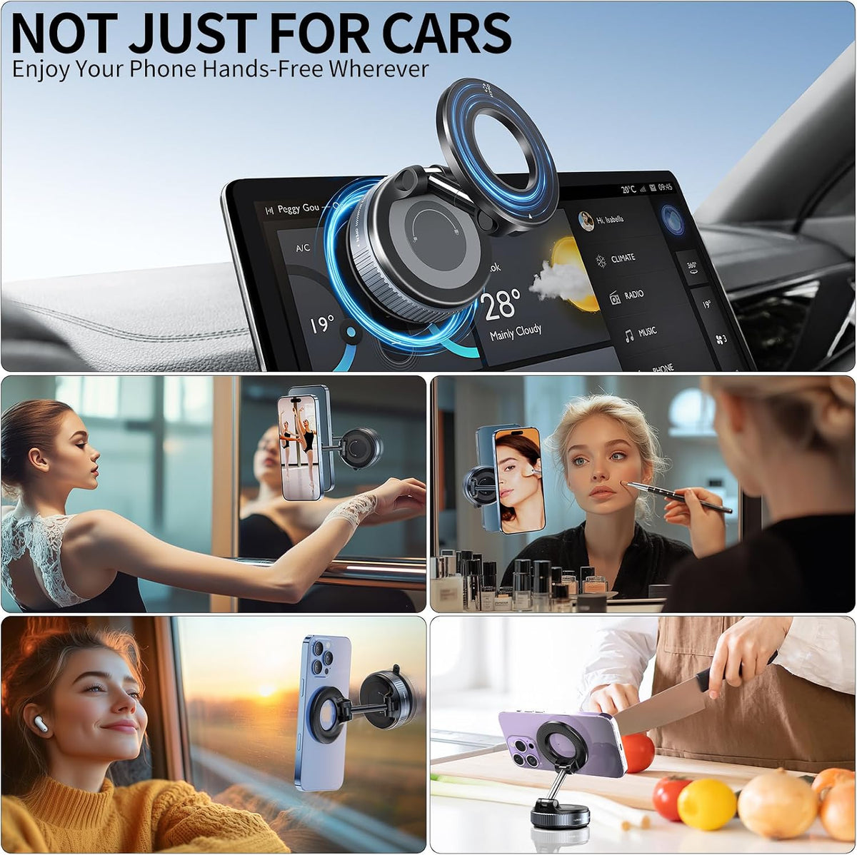 Galundge Vacuum Suction Magnetic Phone Holder, 2026 Upgraded Foldable Retractable Suction Cup Car Phone Mount for Magsafe, 360° Adjustable Magnetic Phone Stand for Cars/Gyms/Mirrors/Smooth Surface