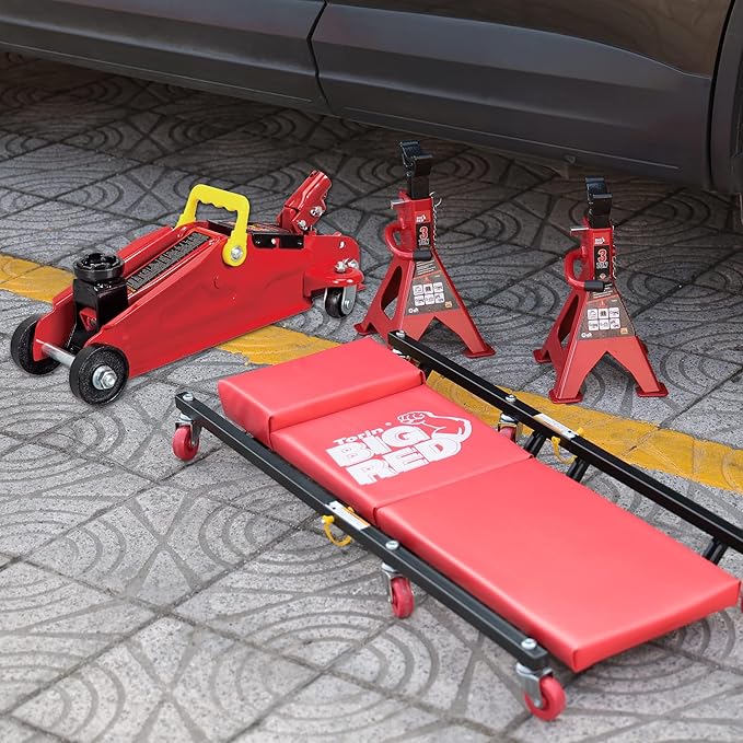 Big RED AT82040R Torin Hydraulic Trolley Floor Service/Floor Combo with 2 Jack Stands and Rolling Garage/Shop Creeper, 2 Ton (4,000 lb) Capacity, Red