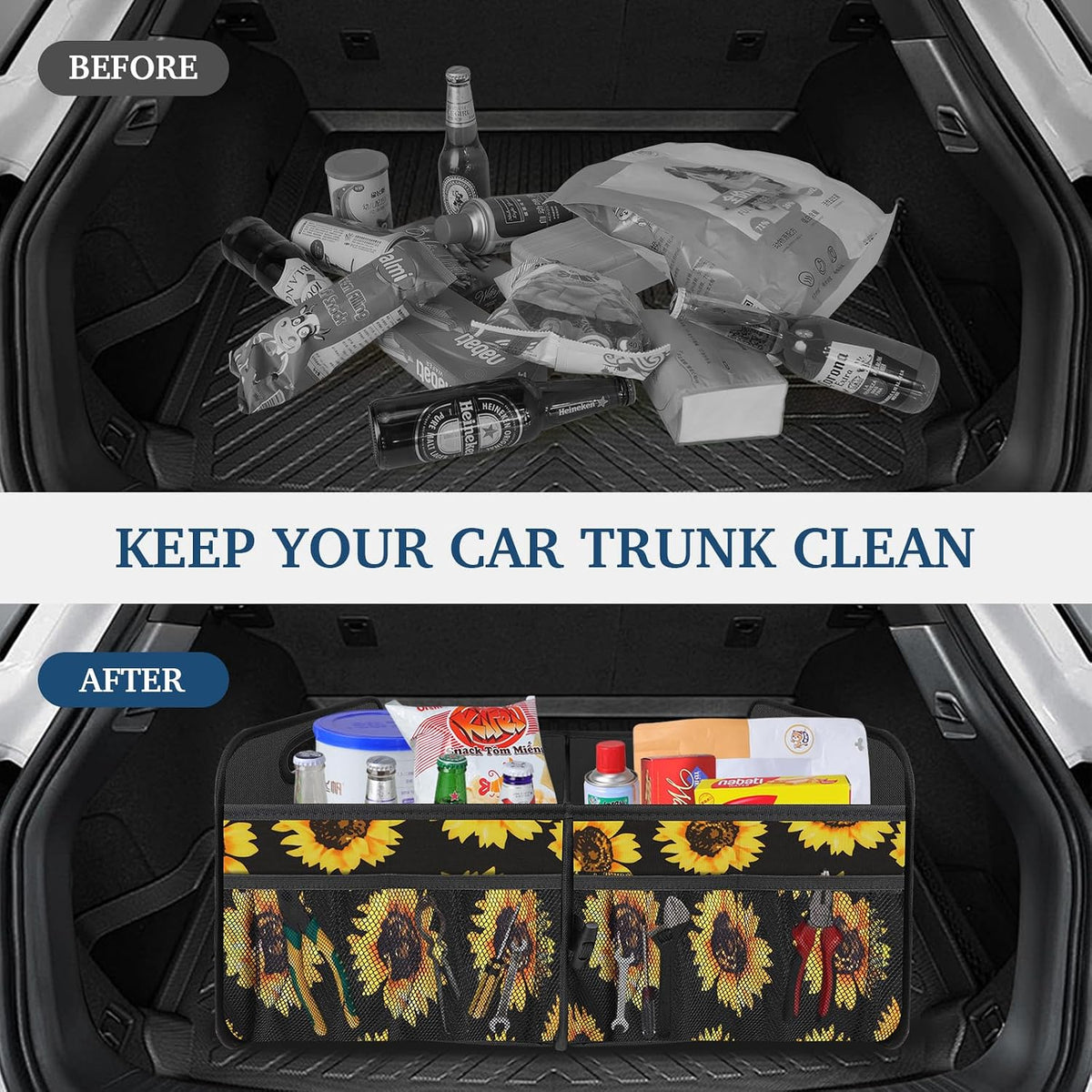 Femuar Car Trunk Organizer, Car Storage Organizer with Large Capacity Waterproof Collapsible Trunk Organizer for Car Suv/Jeep/Sedan (Sunflower, Standard)