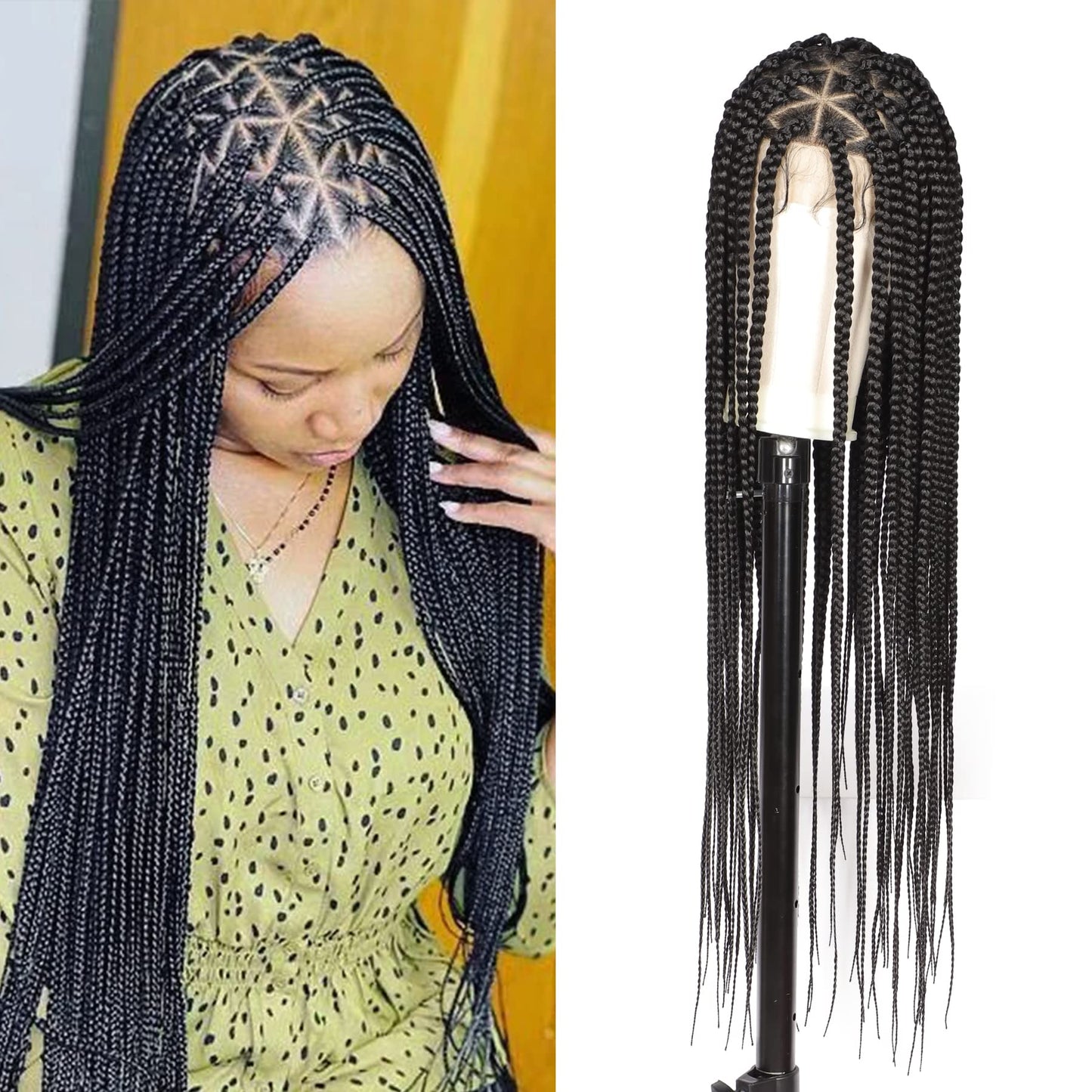 Lexqui 36'' Box Braided Wigs For Women Braided Lace Wigs Triangle Knotless Lace Front Braided Wig Human Hair Blended Full Double
