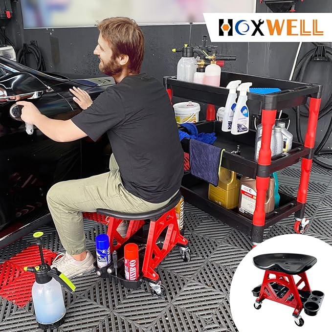 HOXWELL Durable Mechanic Seat with Wheels - Heavy Duty Rolling Stool Car Detailing Creeper Seat with Tool Tray for Workshop, Auto Repair Shop and Home