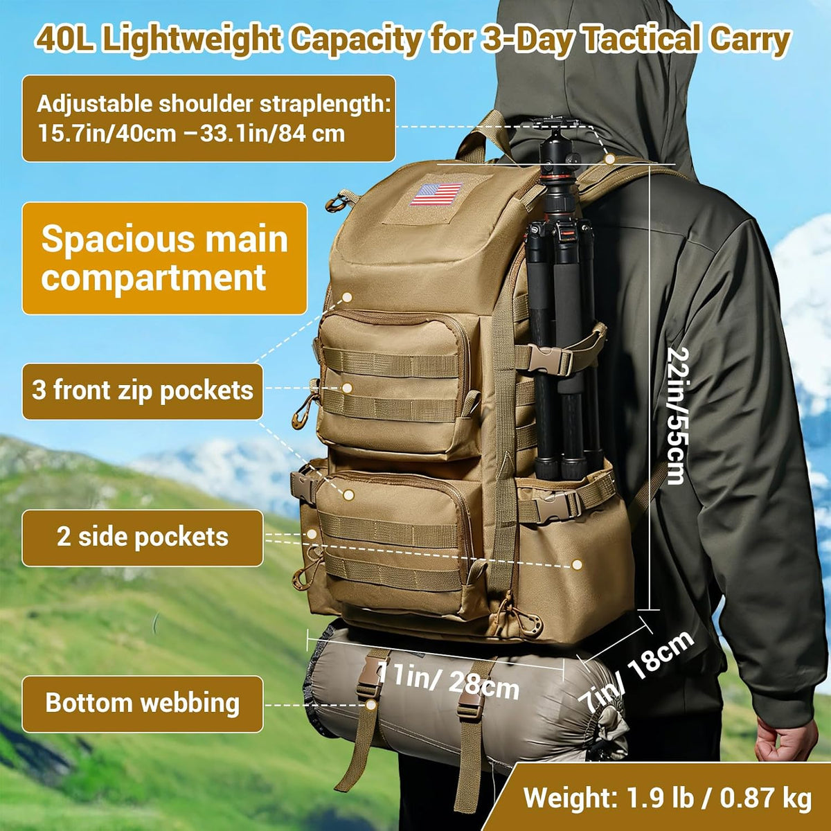 kokkoya 40l Slim Tactical Backpack with Laptop Compartment Molle System Webbing Lightweight Bag for Men Travel Hiking Camping Everyday Carry 17 inch Laptop Black