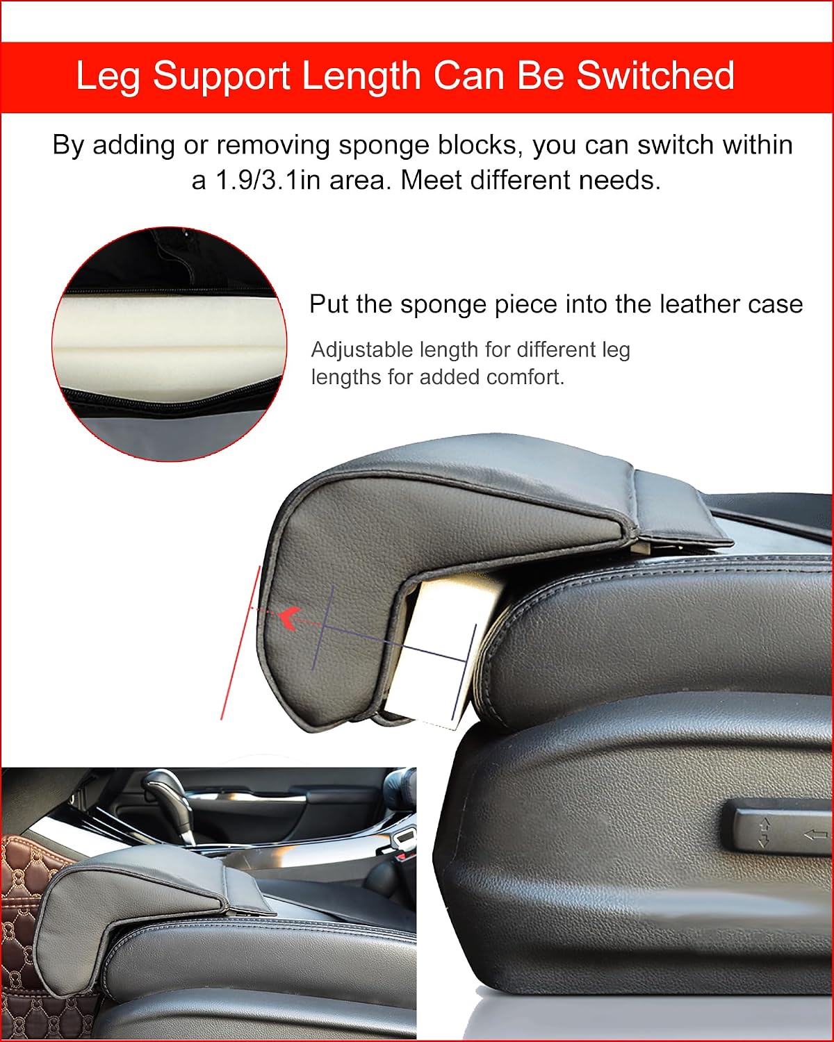Car Leg Extender Leg Support for Driving, Car Front Seat Thigh Extender Support Cushions, Adjustable Length/Height/Angle Leg Rest Pillow for Cars Office (Black)