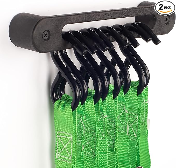 AV1 Hook Rail Strap Organizer (2-Pack) – Low Profile Tie Down, Ratchet & Bungee Cord Storage for Garage, Workshop, Home or Enclosed Trailer – Made in USA – Backed by Our Guarantee!