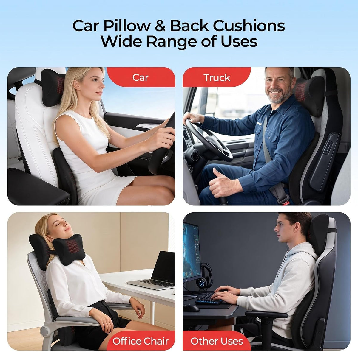 Car Headrest & Lumbar Support Set, Ergonomic Memory Foam Neck Pillow, Comfortable Travel Pillow for Car Truck SUV, Ideal for Long Driving (Gray) (Black)