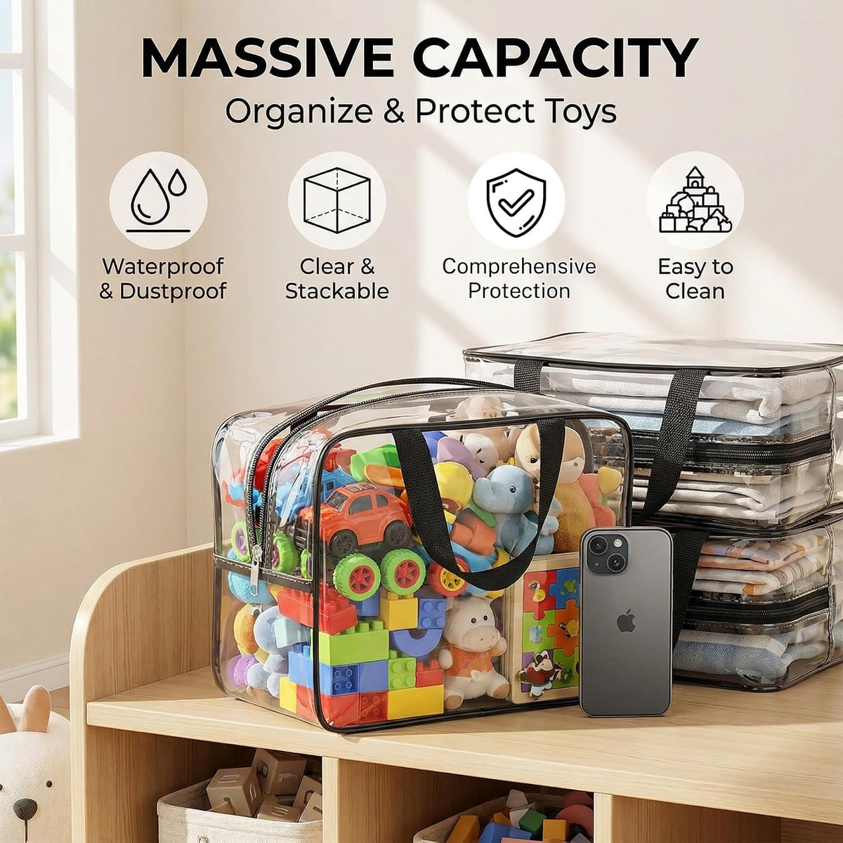 6 Packs Large Toy Storage Bags, Reusable Clear PVC Storage Bags with Zipper, Travel Waterproof Organizer Bags for Puzzles, Building Blocks,Board Game, Kids Books, Stationery (Black)