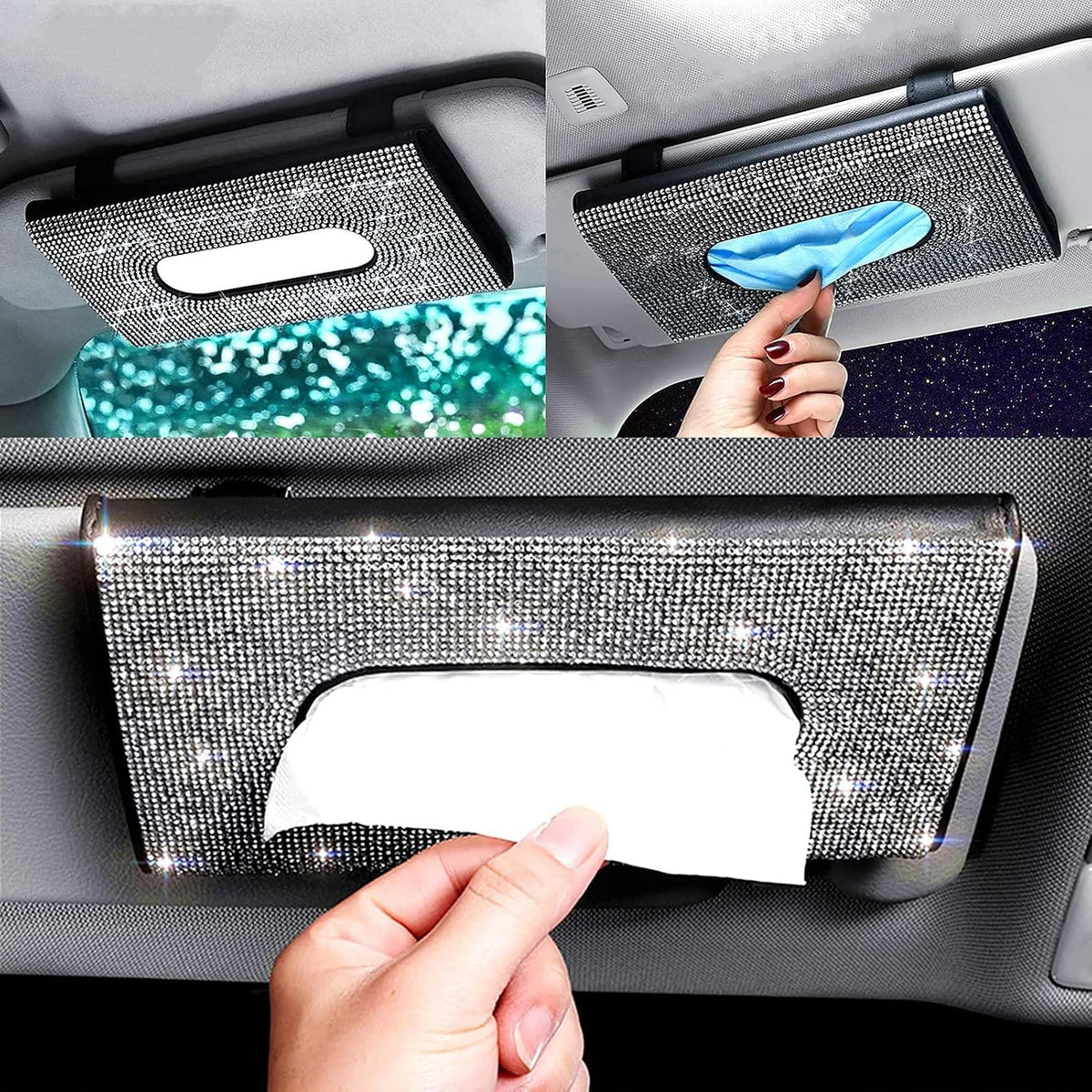 【2026 Upgraded】Bling Car Sun Visor Tissue Box with Refills Paper Towels, PU Leather Backseat Mask Case,Crystal Sparkling Napkin Holder, Handmade Decoration Accessories for Women,Girls,Ladies , White