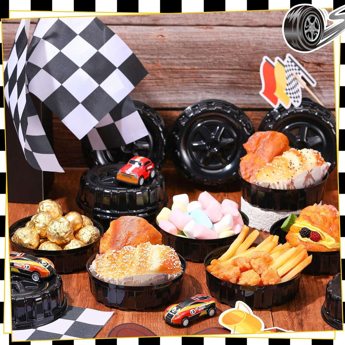 Uiifan 24 Pcs Truck Wheels Plastic Food Containers with Lids Race Car Wheels Disposable Candy Boxes for Truck Themed Birthday Party Supplies Baby Shower Race Car Party Decorations